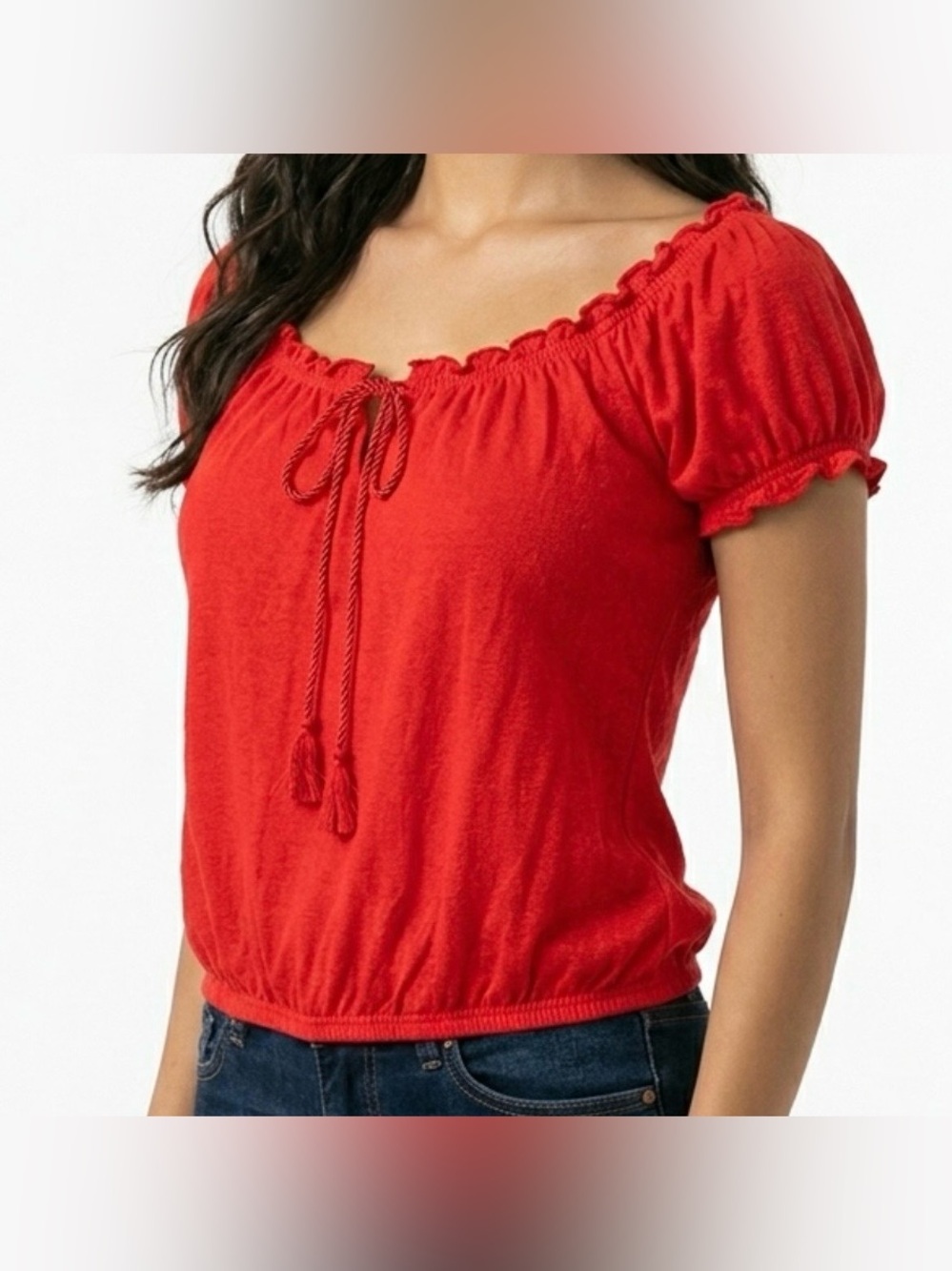 IN LOVE WITH DEREK Red Women’s Peasant Tie-Front Top. SZ M
